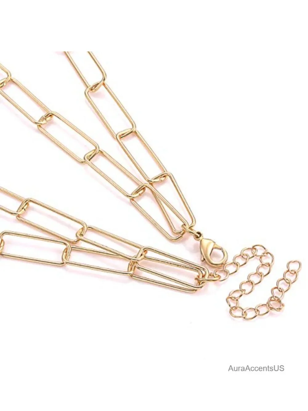 Layered Paper Clip Chain Choker Necklace Hammered Heart Pendant Gold Minimalist